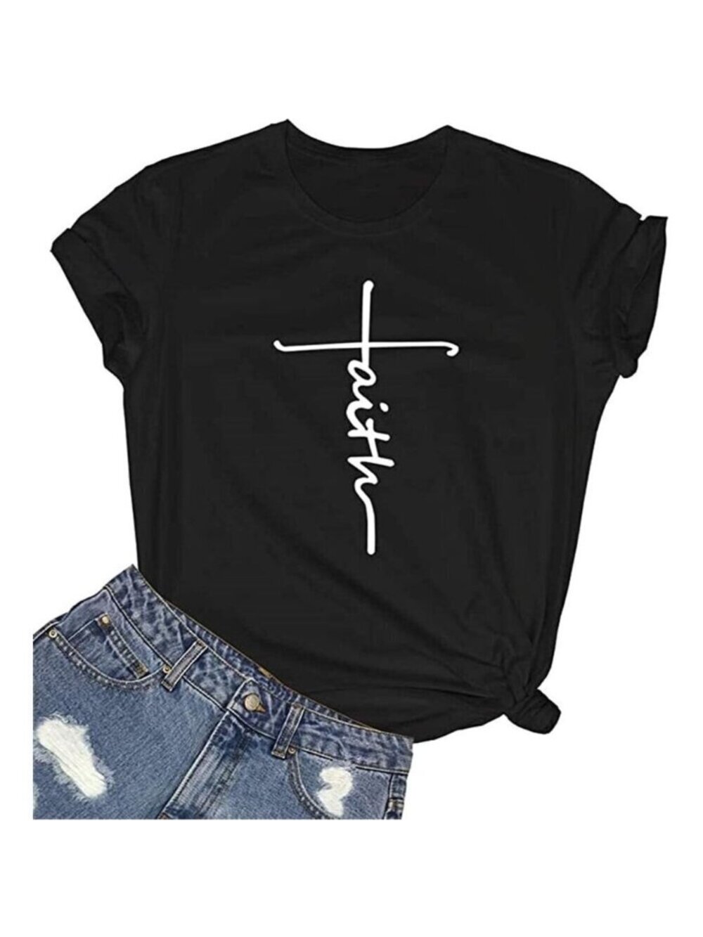 Women Black Cotton Graphic Funny Faith T-Shirt Casual Short Sleeve